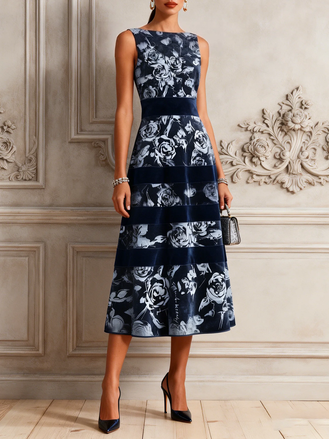 Purplish Blue Split Joint Embossed Velvet Boat Neck Sleeveless A-Line Midi Dress
