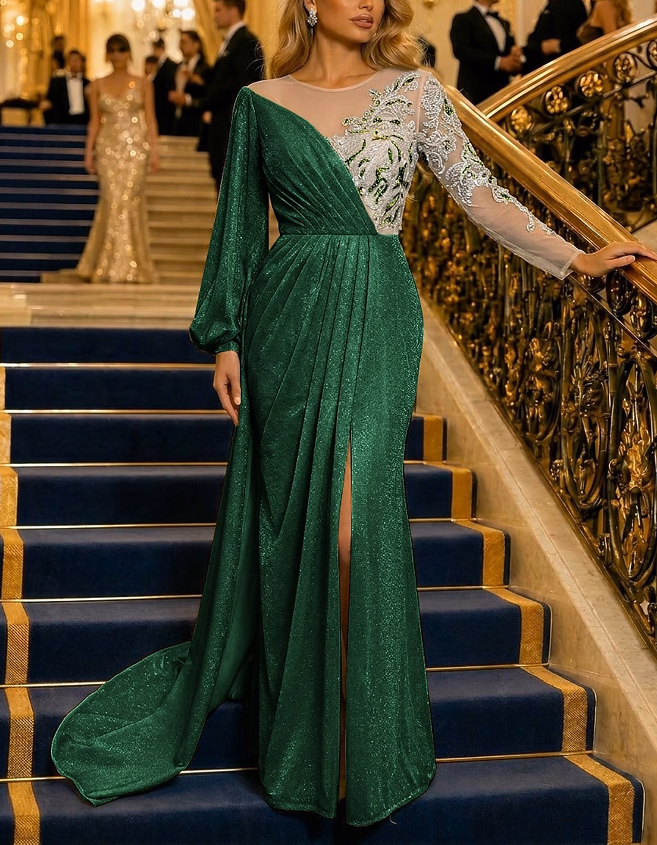 Gold Illusion Round Neck Sequin Lace Glitter Maxi Dress
