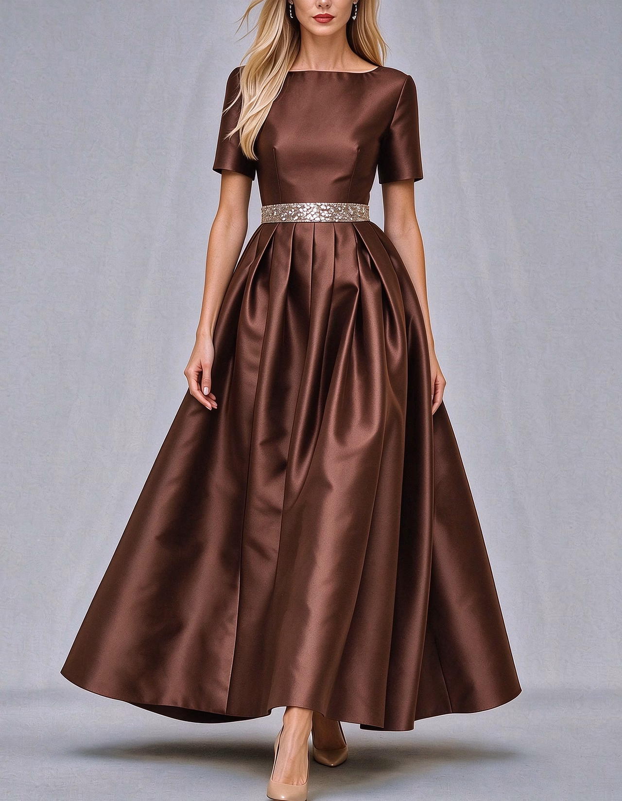 Boat Neck Short Sleeve Satin Maxi Dress