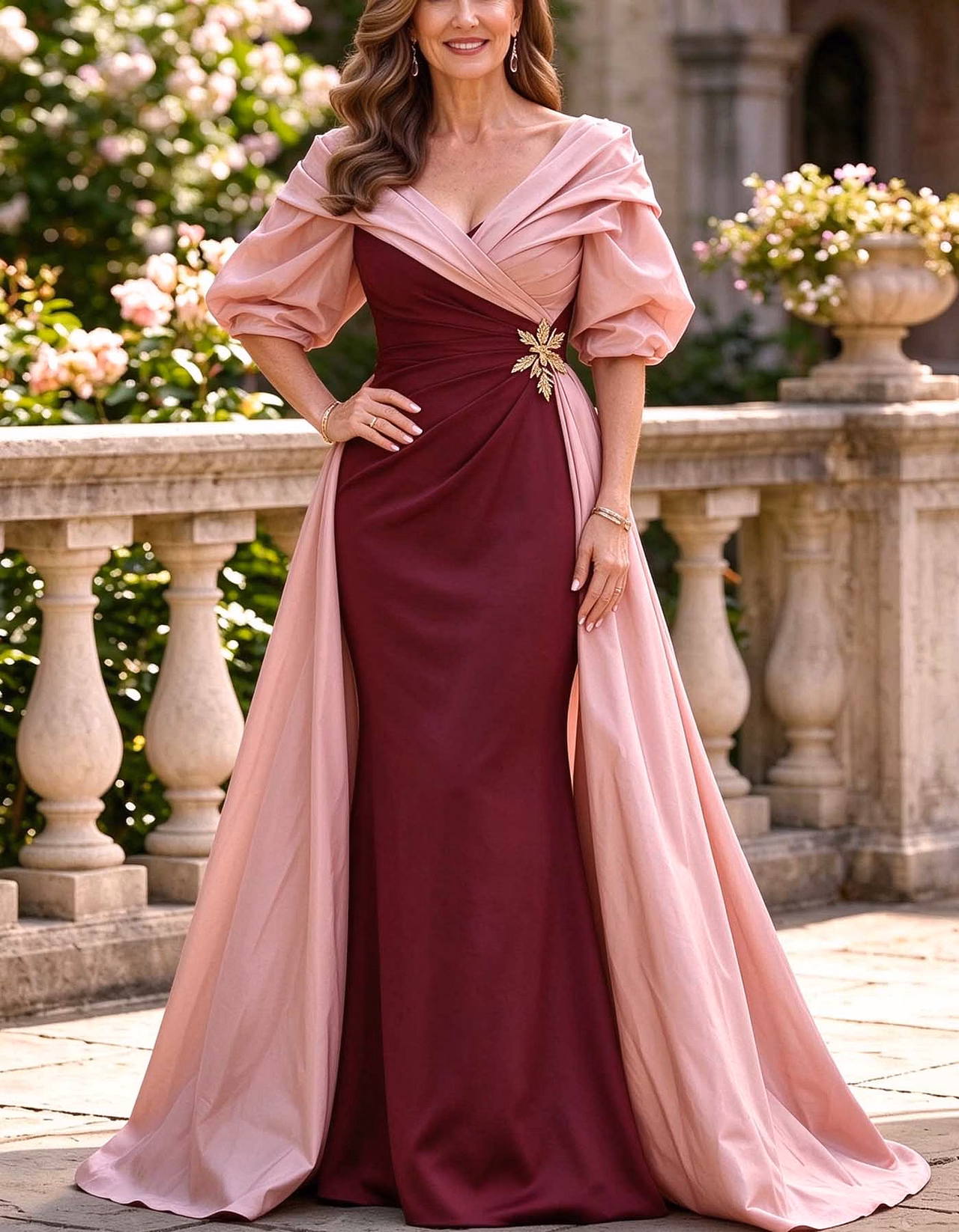 Pink Color Block V-Neck Satin Puff Sleeve Maxi Dress