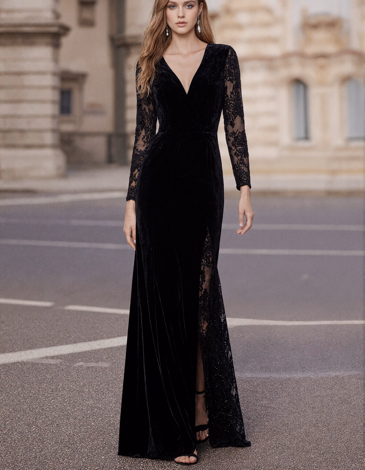 Black Velvet And Lace Long Sleeve Maxi Dress