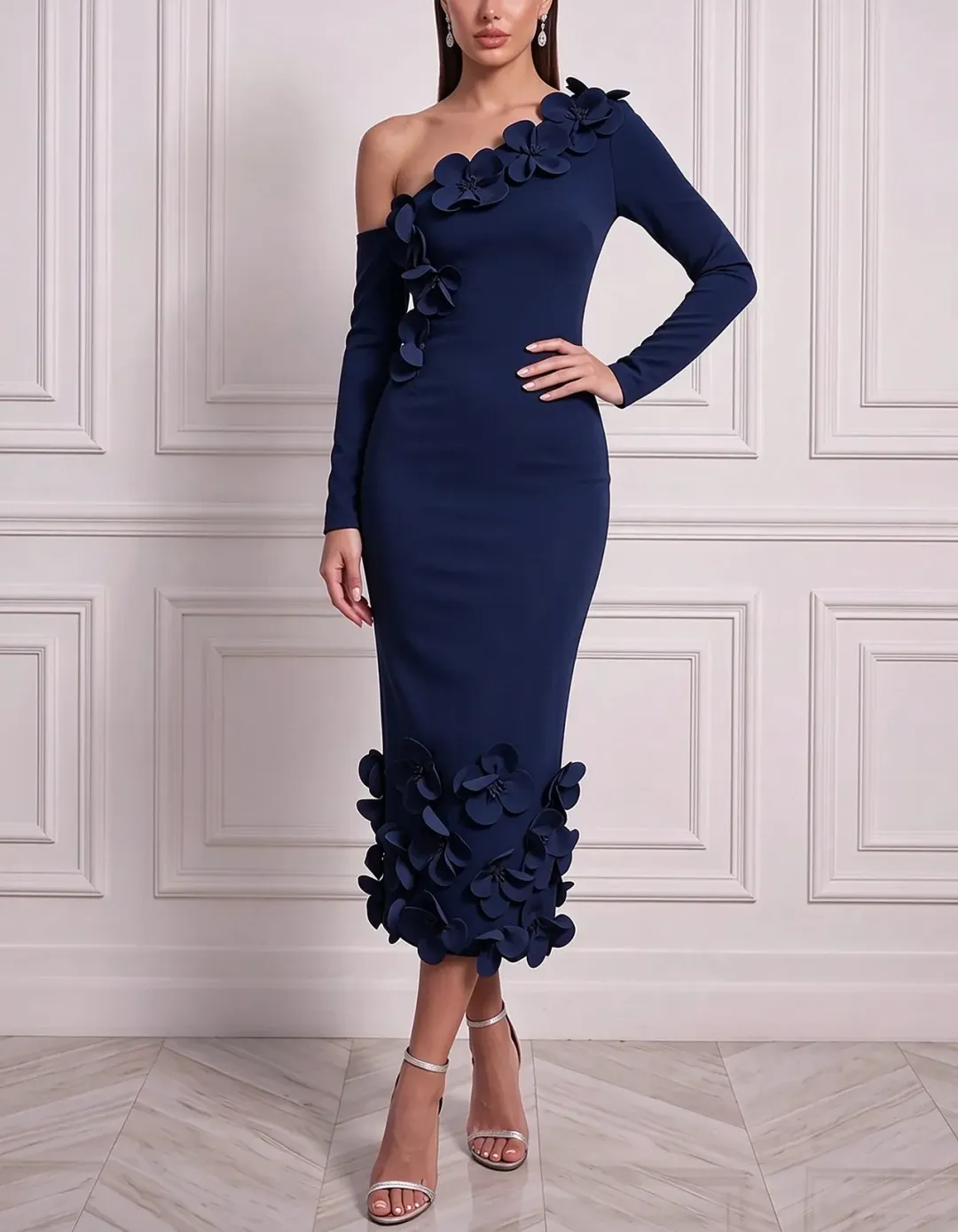 One Shoulder Cold Shoulder Long Sleeve 3D Floral Midi Dress