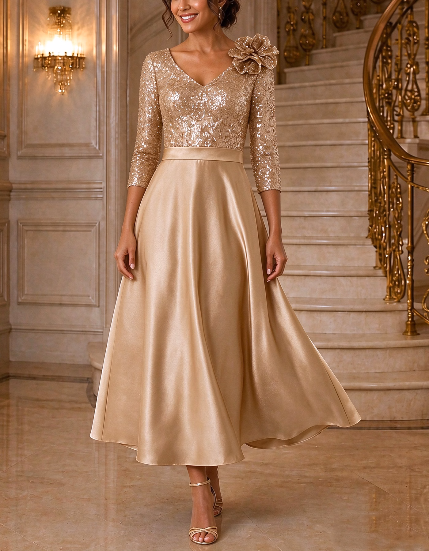 Solid Color V-Neck With Sequins Midi Dress