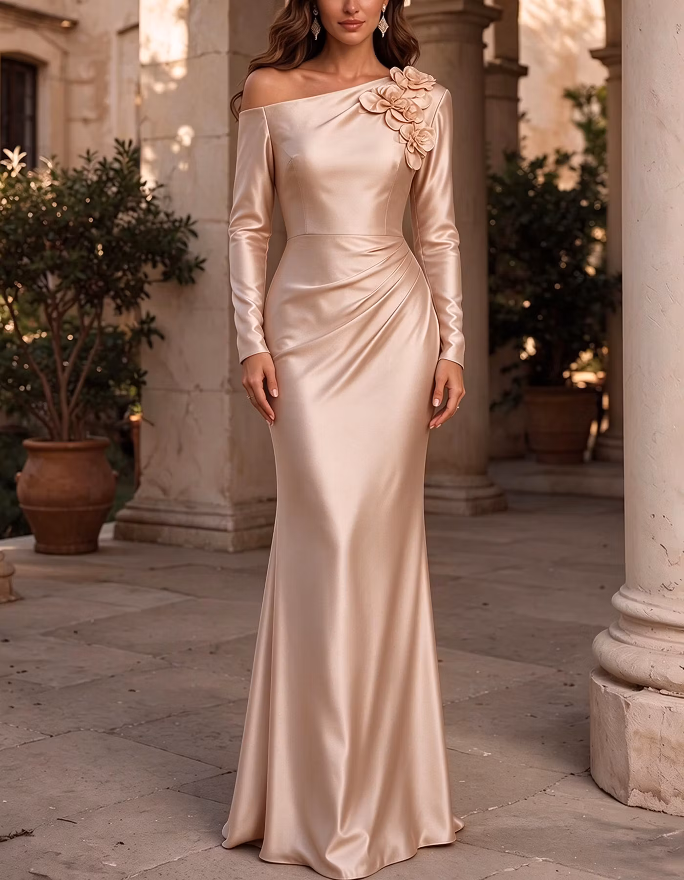 Satin Off Shoulder Long Sleeve 3D Floral Side Ruched Maxi Dress