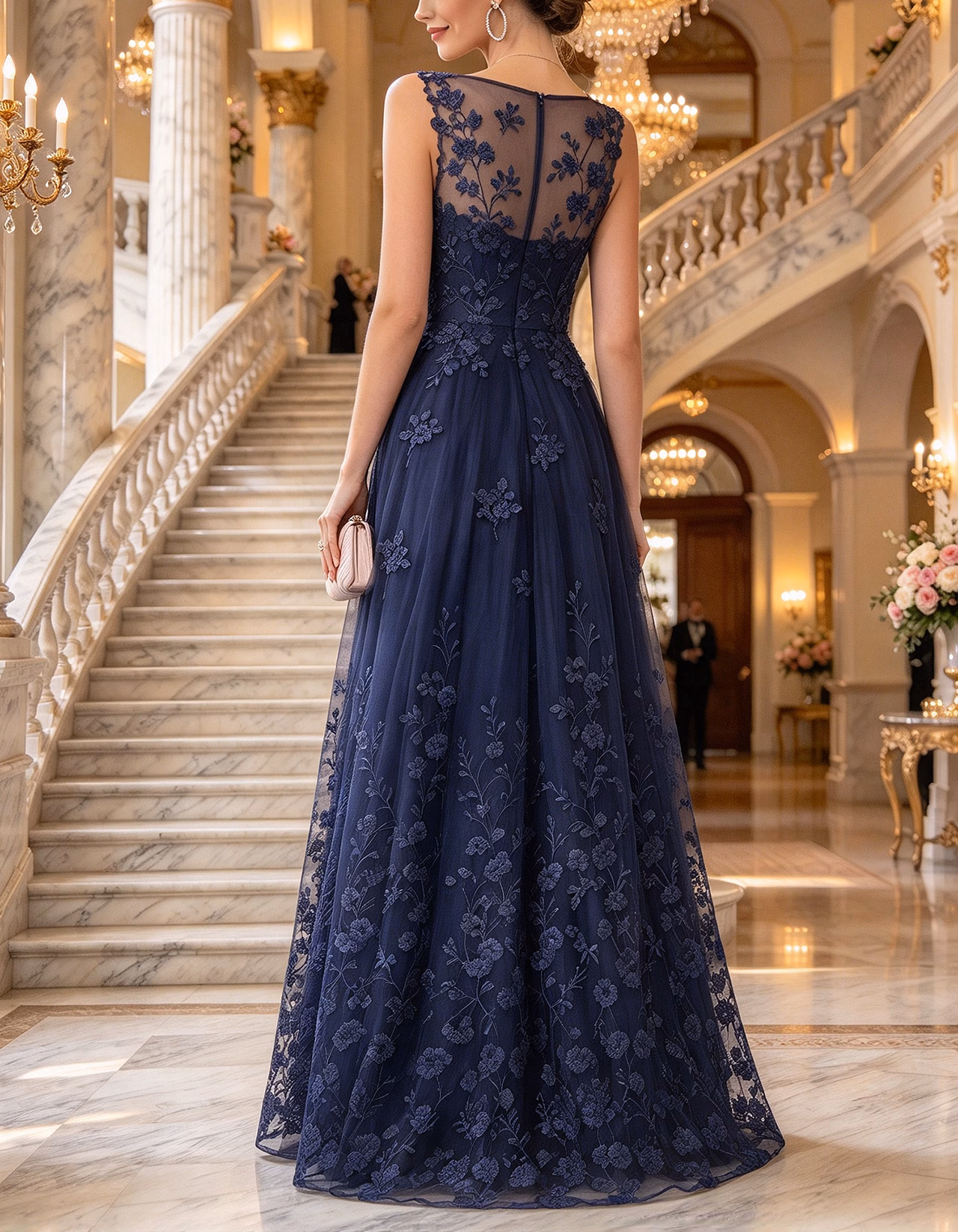 Navy Illusion Round Neck Sleeveless Floral Lace Tulle Maxi Dress