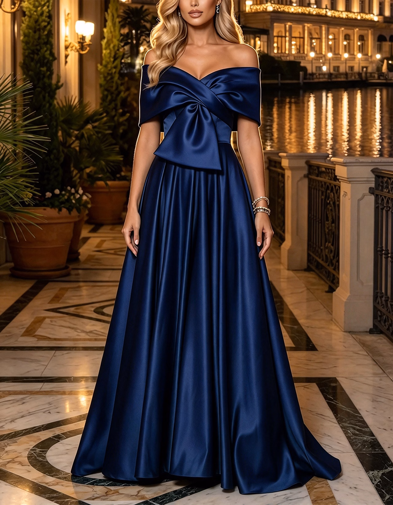 Green Off-the-Shoulder Oversized Bow Satin A-Line Maxi Dress