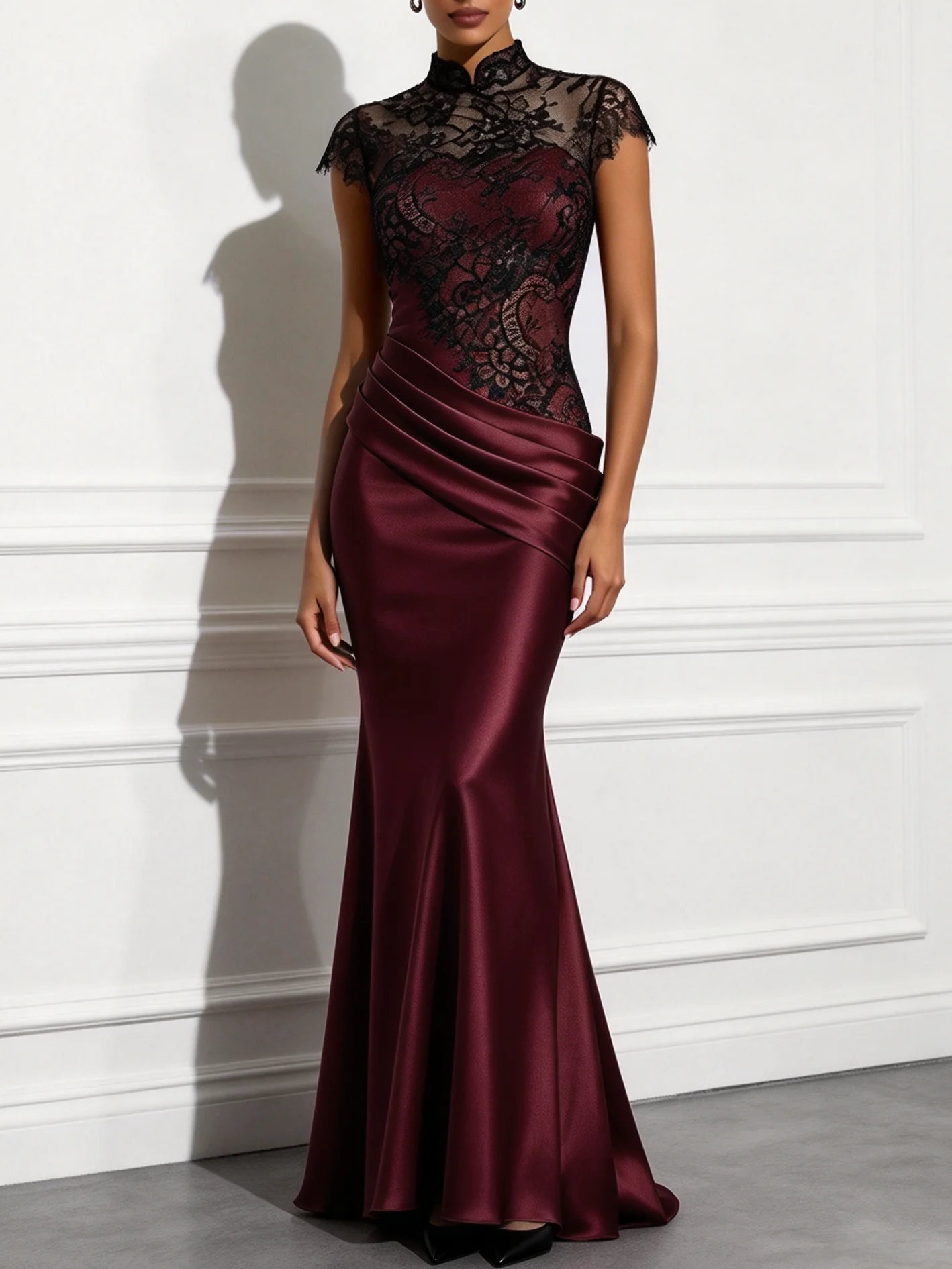Champagne-Black Lace Ruched Satin Mock Neck Short Sleeve Mermaid Gown Dress