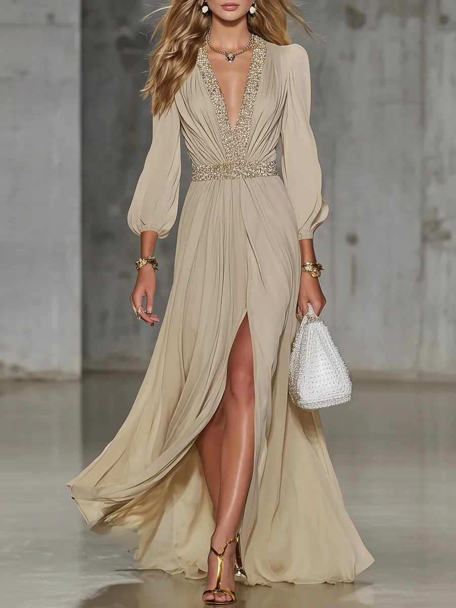 Elegant Beige Chiffon V-neck With Sequins Embellishments And A Side Slit Maxi Dress