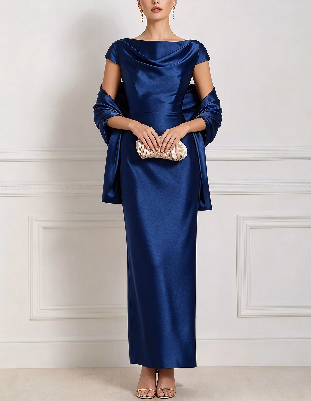 Champagne Cowl Draped Cap Sleeve Satin Maxi Dress