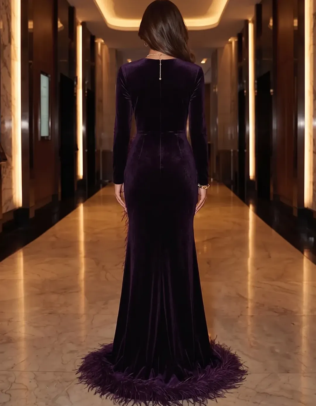 Deep Purple Velvet Round Neck Long Sleeve Feather Maxi Dress