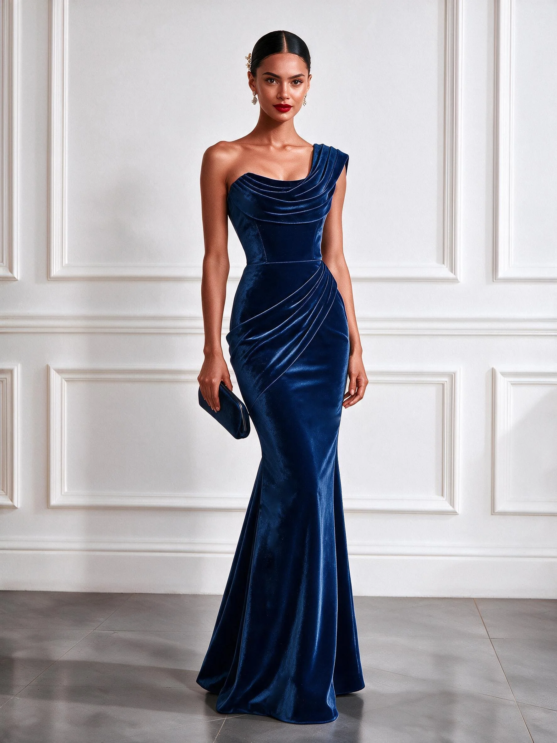 Purplish Blue Ruched Velvet One Shoulder Sleeveless Mermaid Floor-length Gown Dress