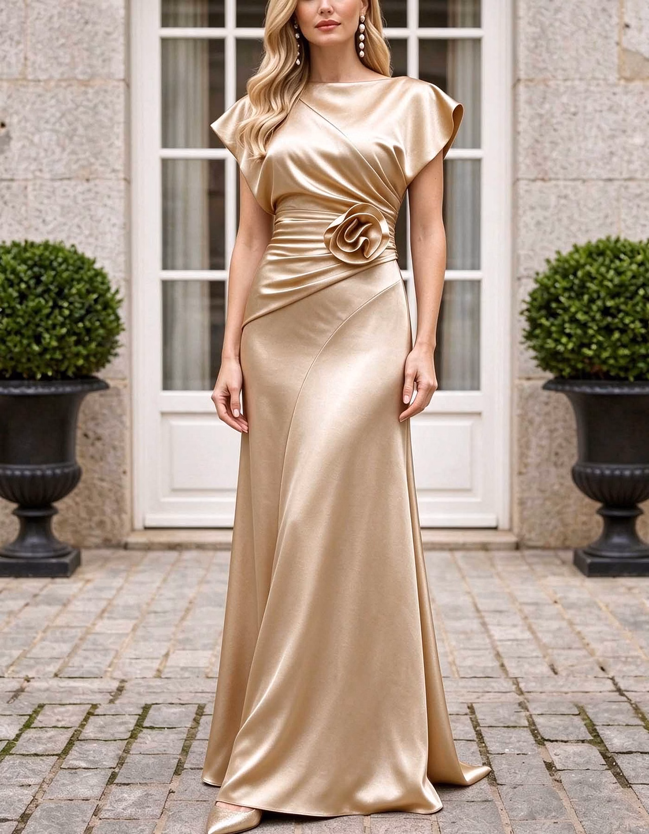 Bateau Neck Cap Sleeve Ruched Waist 3D Rose Satin Maxi Dress