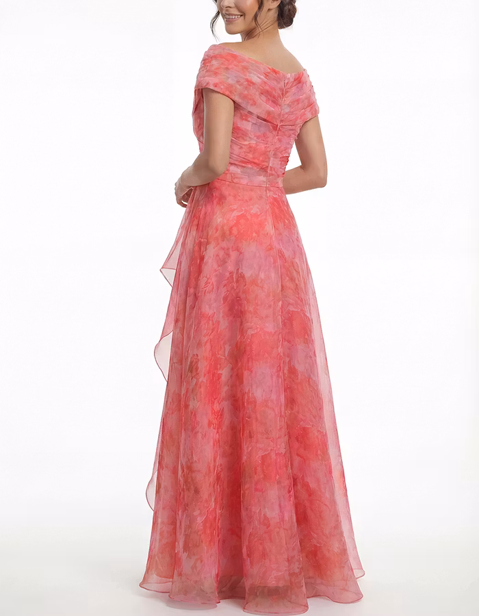 Pink Floral Off Shoulder 3D Rose Ruffle Chiffon Maxi Dress