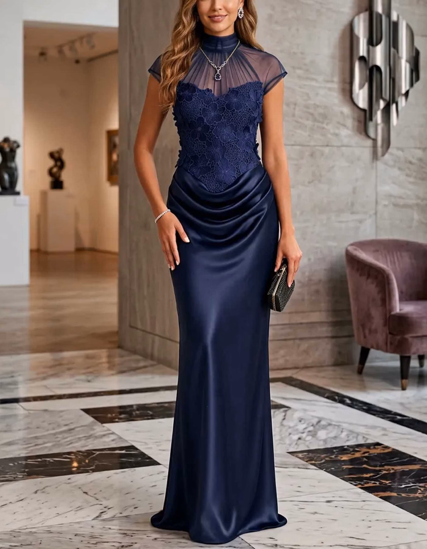 Navy Blue High Neck 3D Floral Lace Satin Maxi Dress
