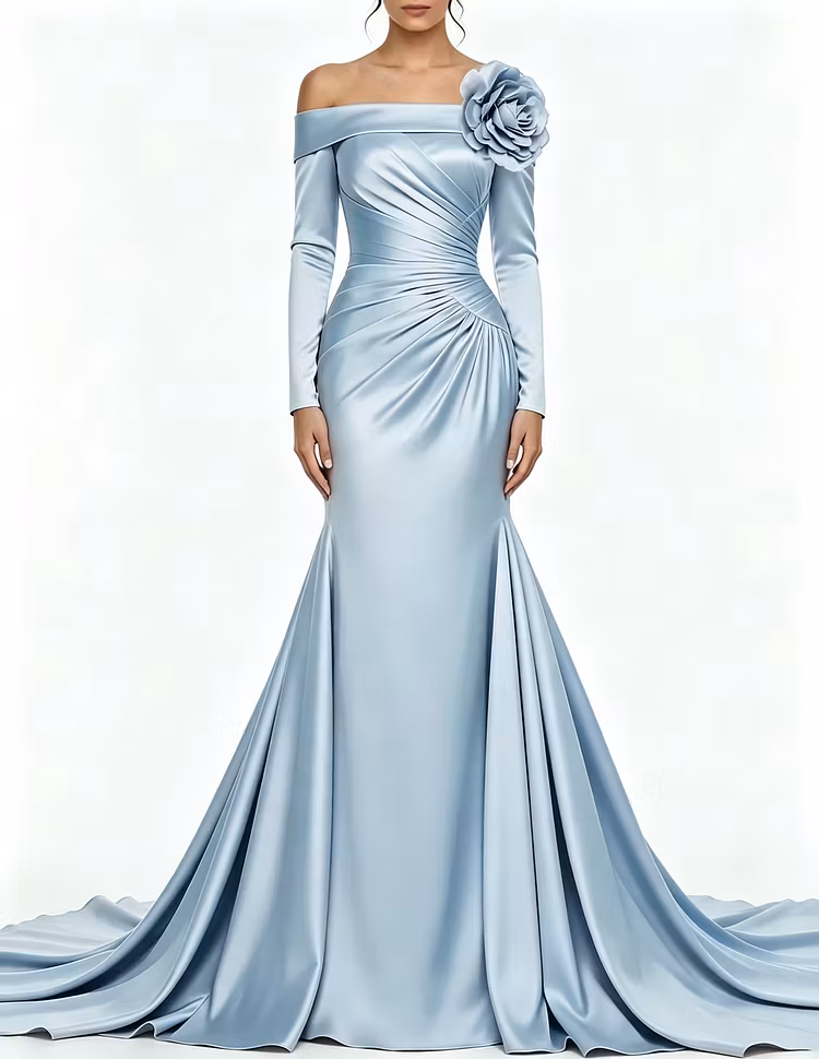 Off The Shoulder Satin Long Sleeve 3D Floral Formal Maxi Dress