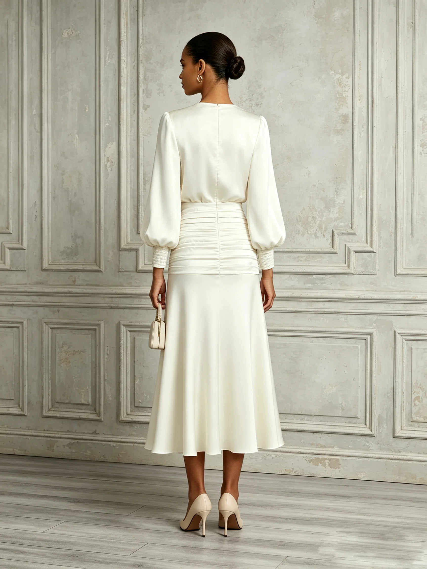 White Ruched Classic Crew Neck Long Sleeve Balloon Sleeve A-Line Maxi Dress