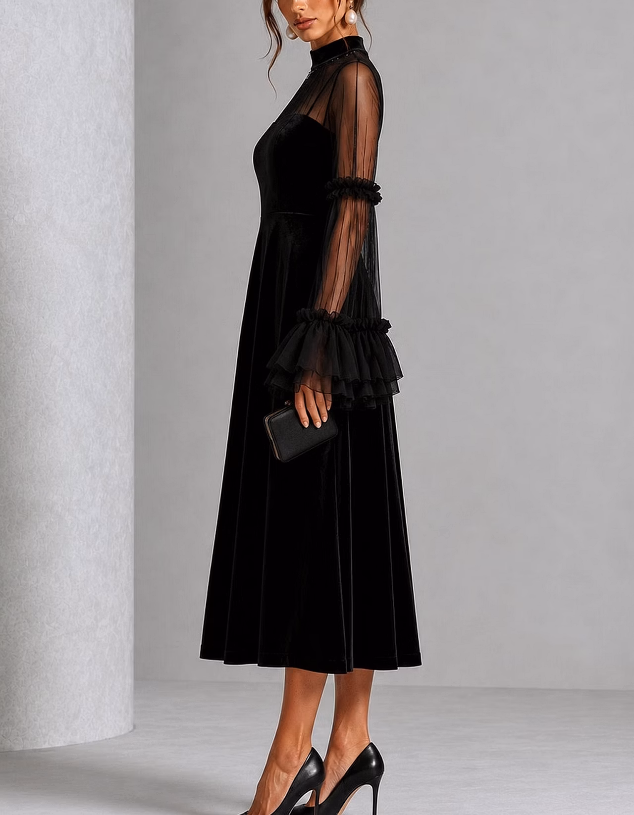 Velvet Sheer Ruffle Bell Sleeve Midi Dress