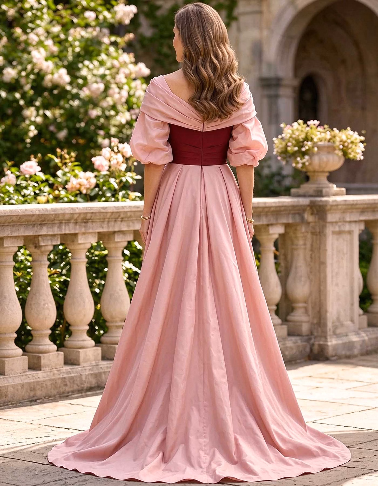 Pink Color Block V-Neck Satin Puff Sleeve Maxi Dress
