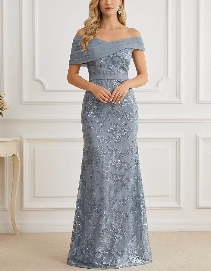 Off-the-Shoulder Chiffon & Sequin Mesh Maxi Dress