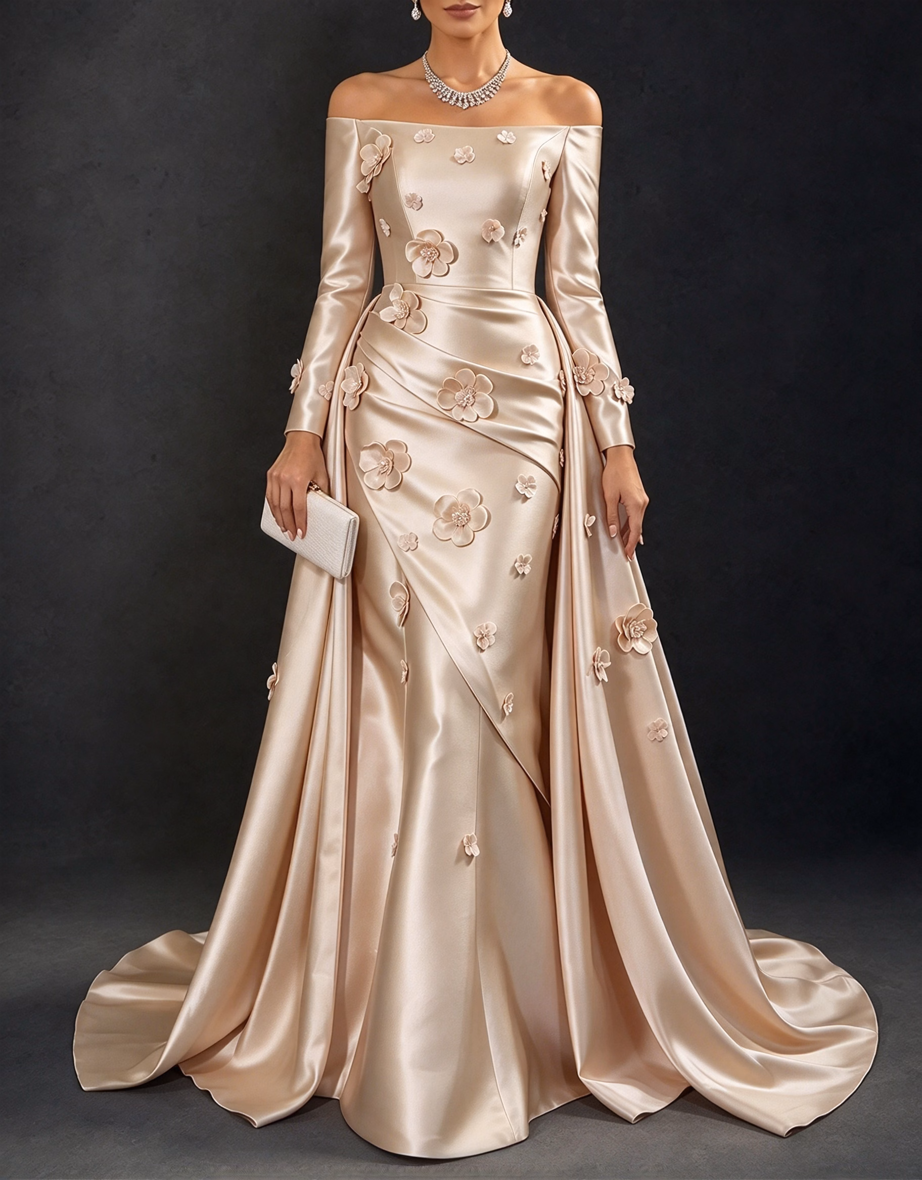 Off-the-Shoulder Satin 3D Floral Long Sleeve A-Line Evening Maxi Dress