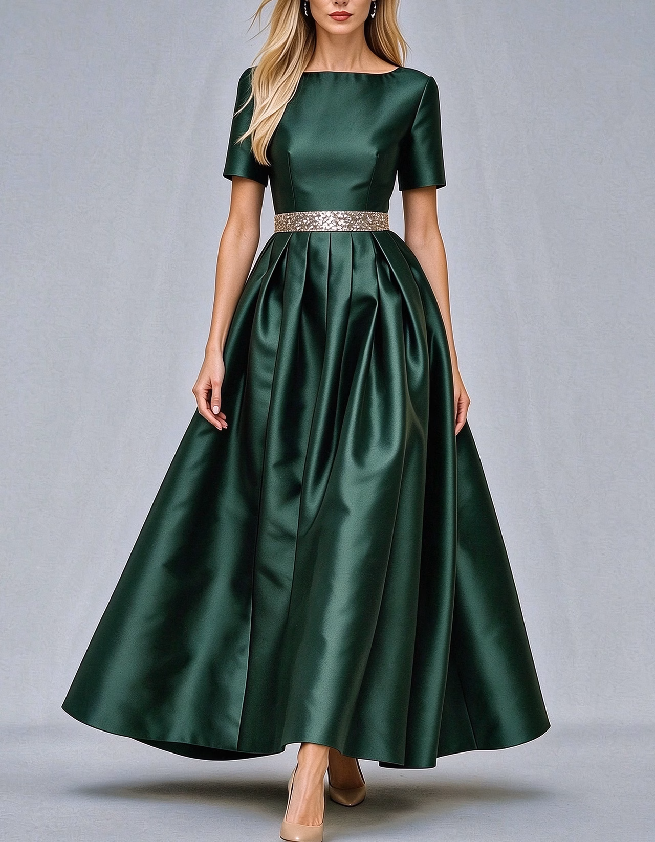Boat Neck Short Sleeve Satin Maxi Dress