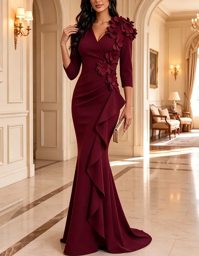 Burgundy V Neck 3/4 Sleeve 3D Floral Side Ruffle Maxi Dress