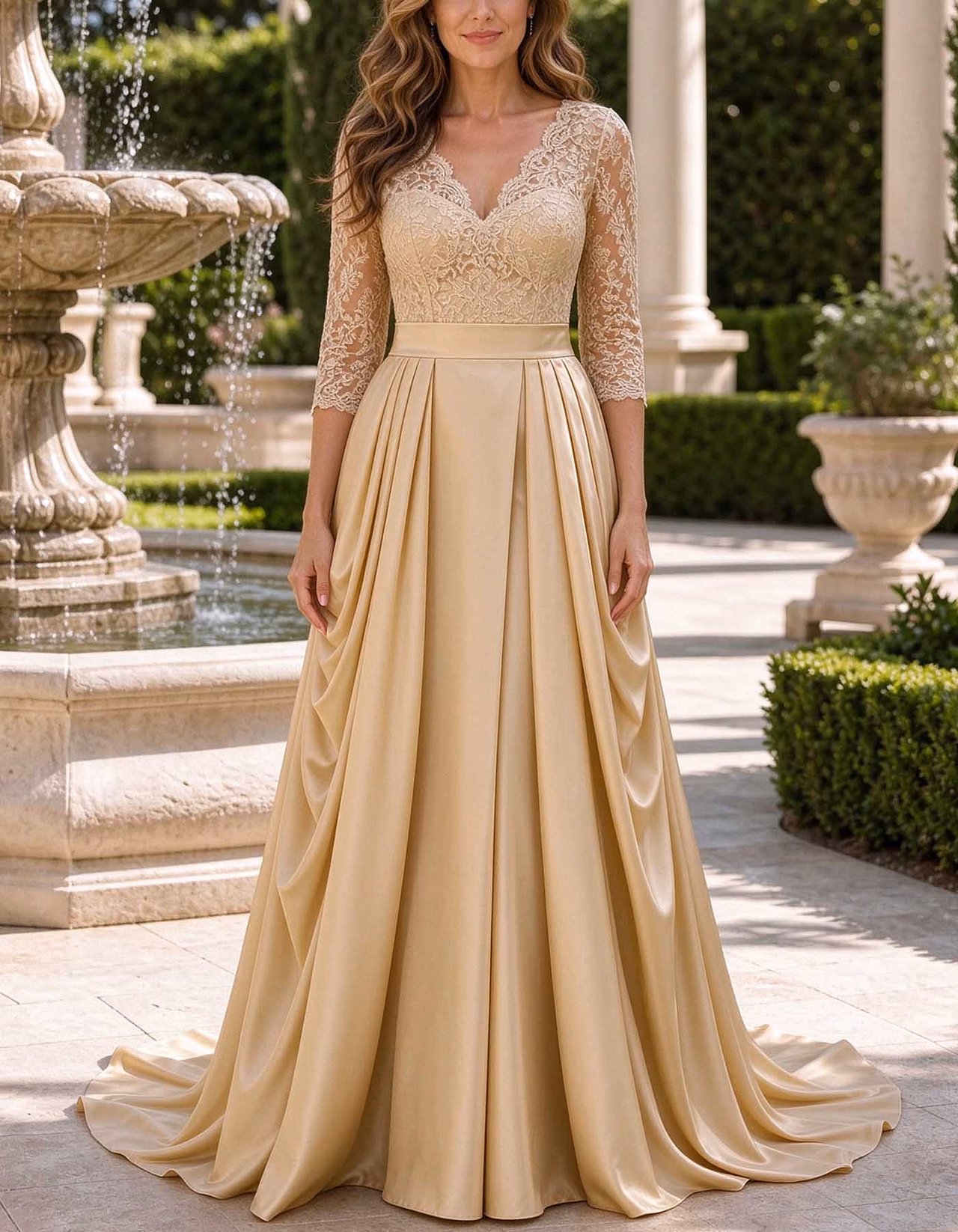 Lace 3/4 Sleeve V-Neck Satin A-Line Maxi Dress