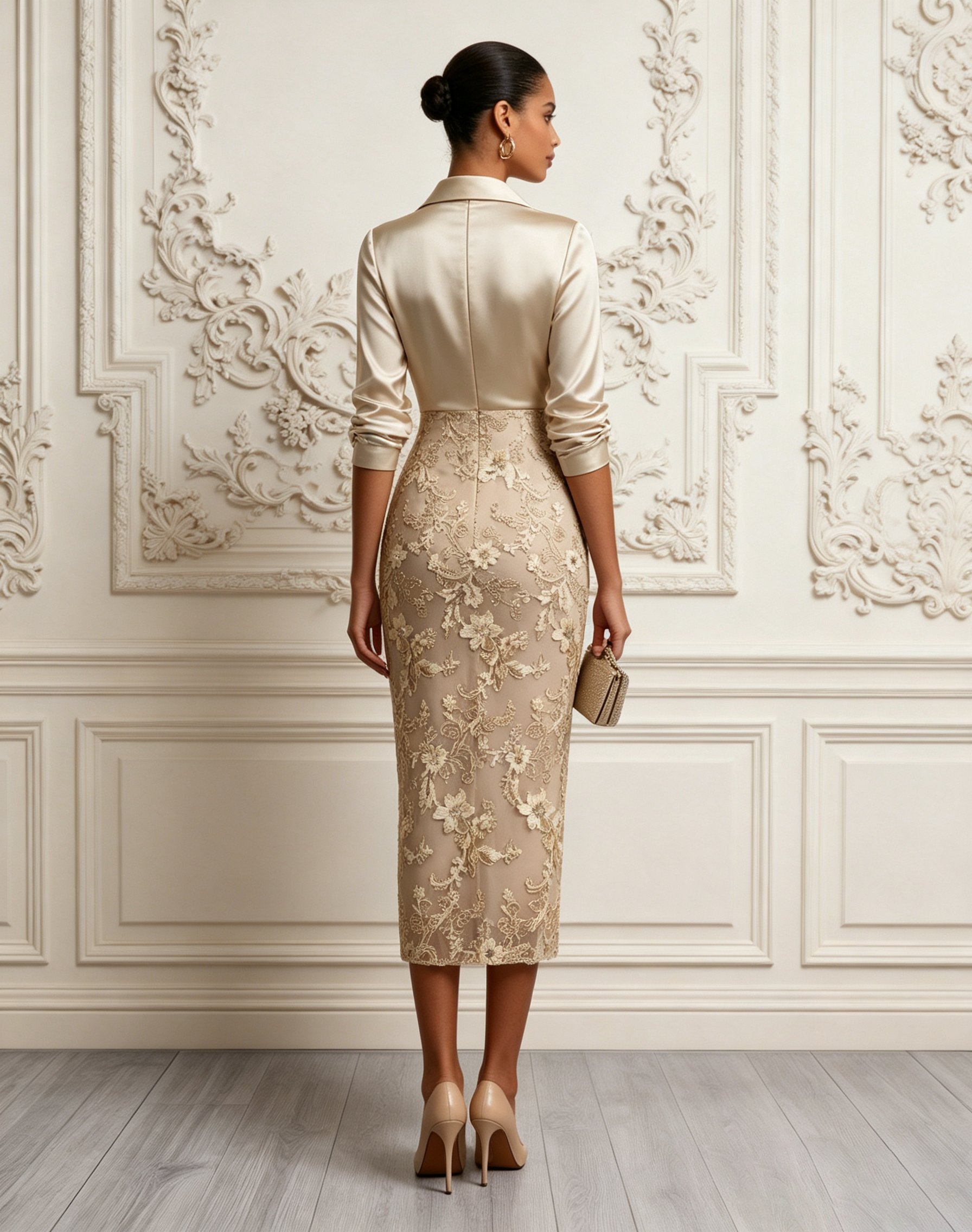 Champagne Lace Lace Cowl Neck Long Sleeve Sheath Midi Dress