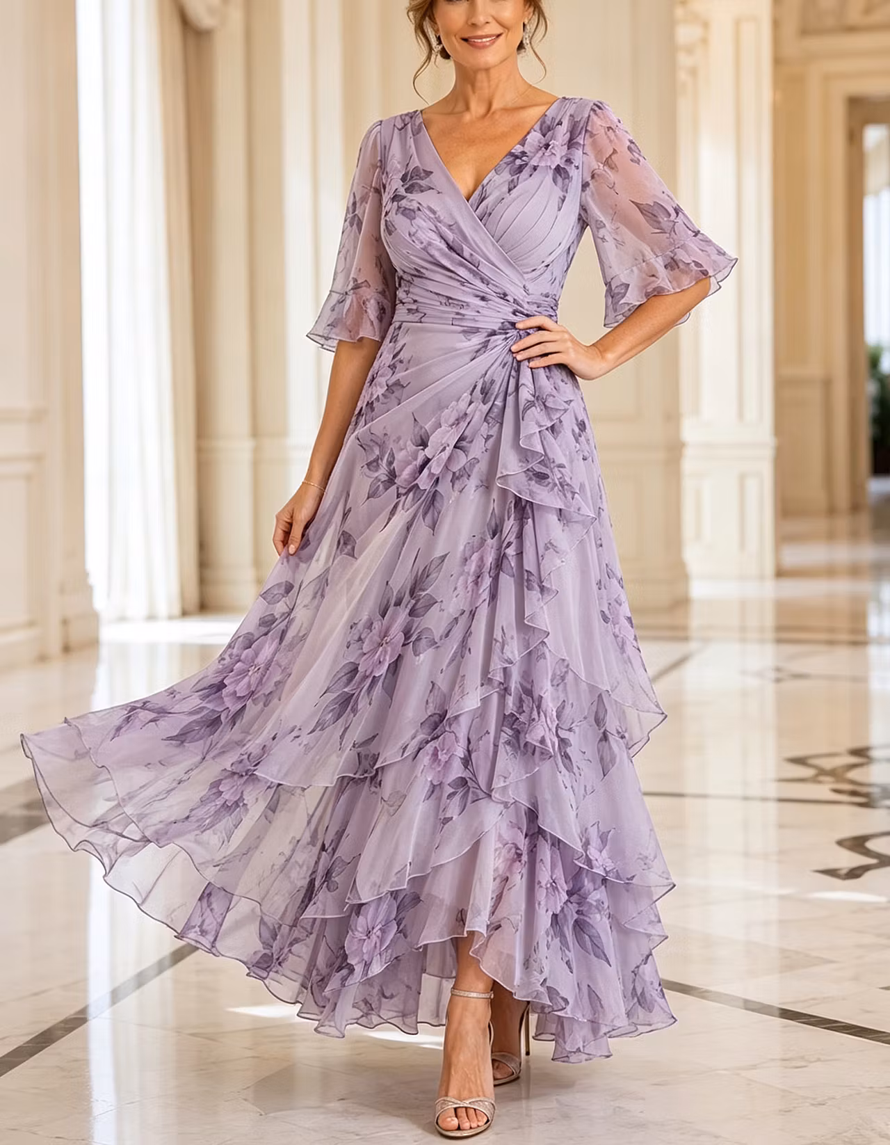 Lavender Floral V Neck Chiffon Tiered Ruffle Maxi Dress