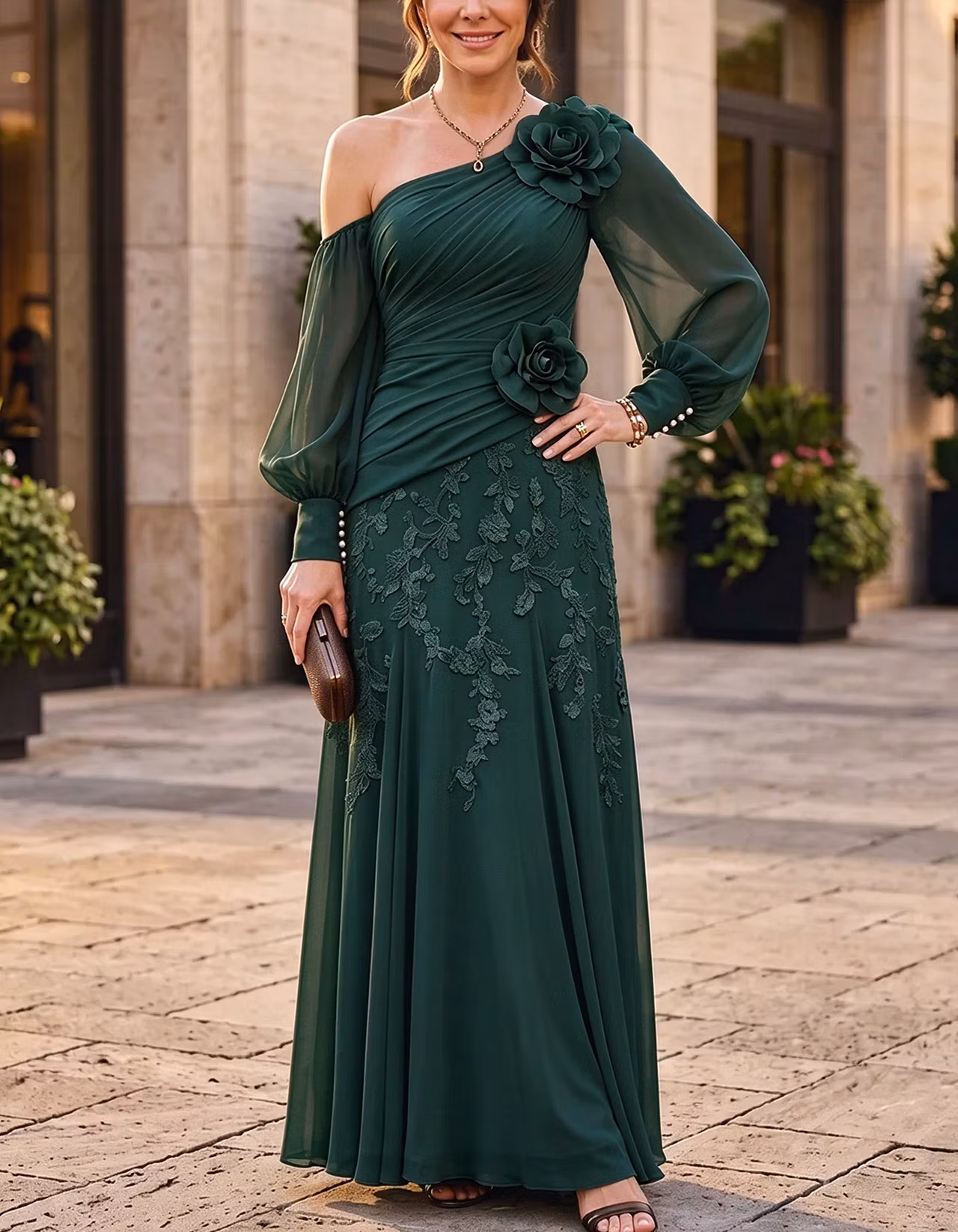 Chiffon One Shoulder Asymmetrical Puff Long Sleeve 3D Floral Maxi Dress