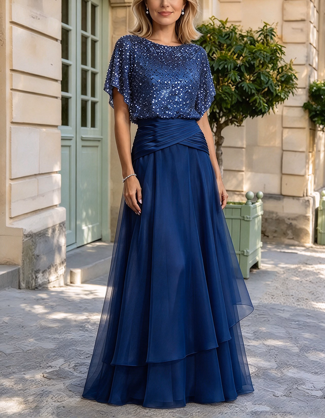 Champagne Short-Sleeve Beaded Tulle & Chiffon Maxi Dress