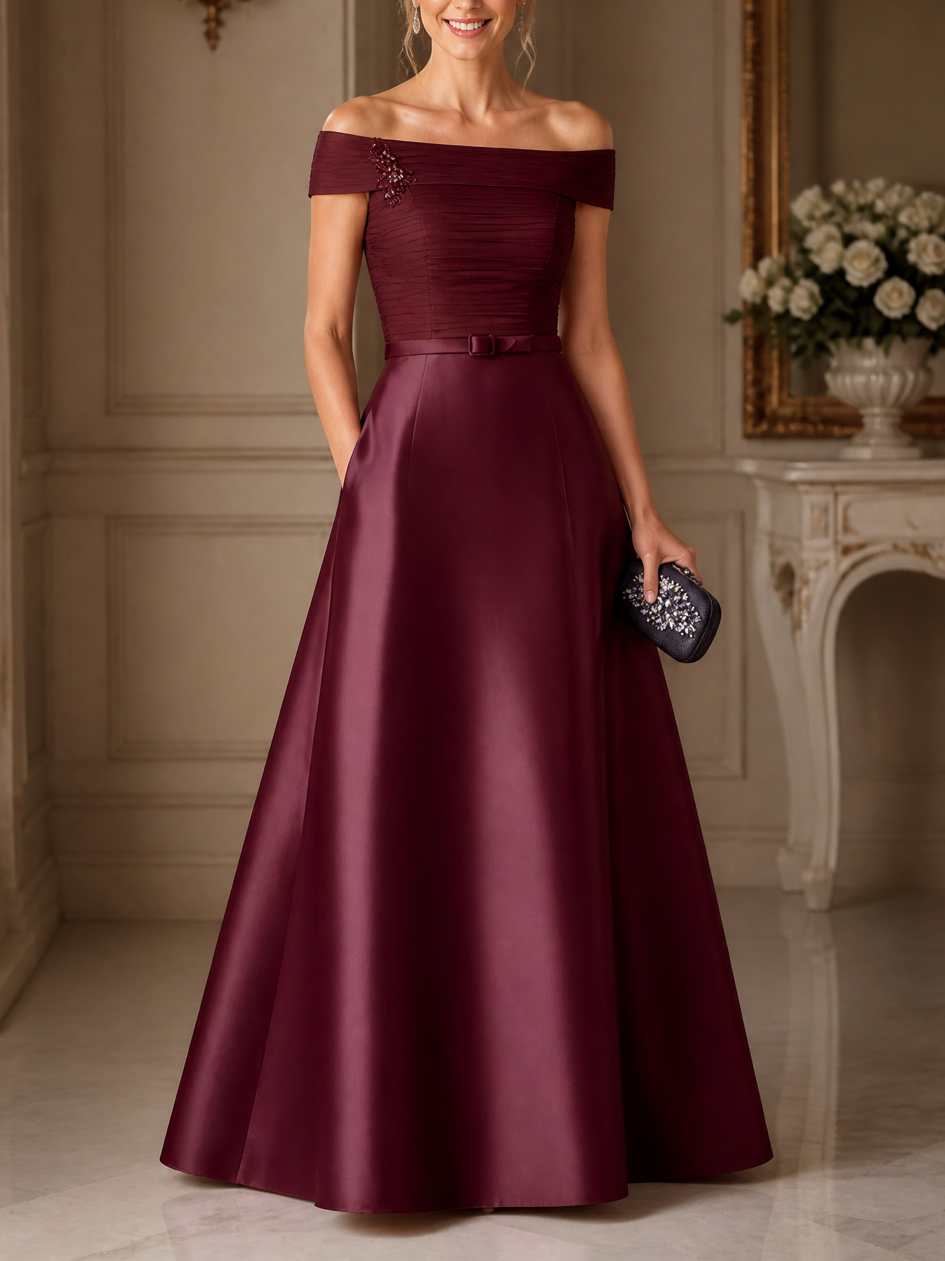 Burgundy Off‑the‑Shoulder Satin A‑Line Evening Gown, Pleated Bodice with Bow Sash & Pockets Mother of Bride Dress
