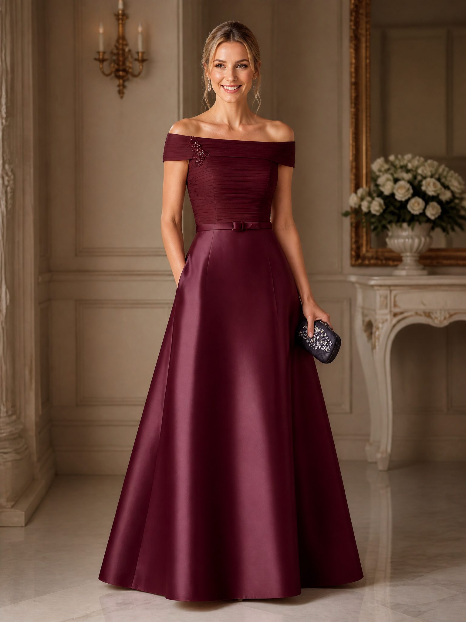 Burgundy Off‑the‑Shoulder Satin A‑Line Evening Gown, Pleated Bodice with Bow Sash & Pockets Mother of Bride Dress