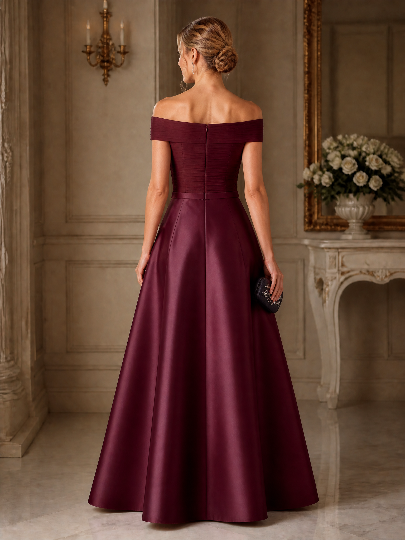 Burgundy Off‑the‑Shoulder Satin A‑Line Evening Gown, Pleated Bodice with Bow Sash & Pockets Mother of Bride Dress