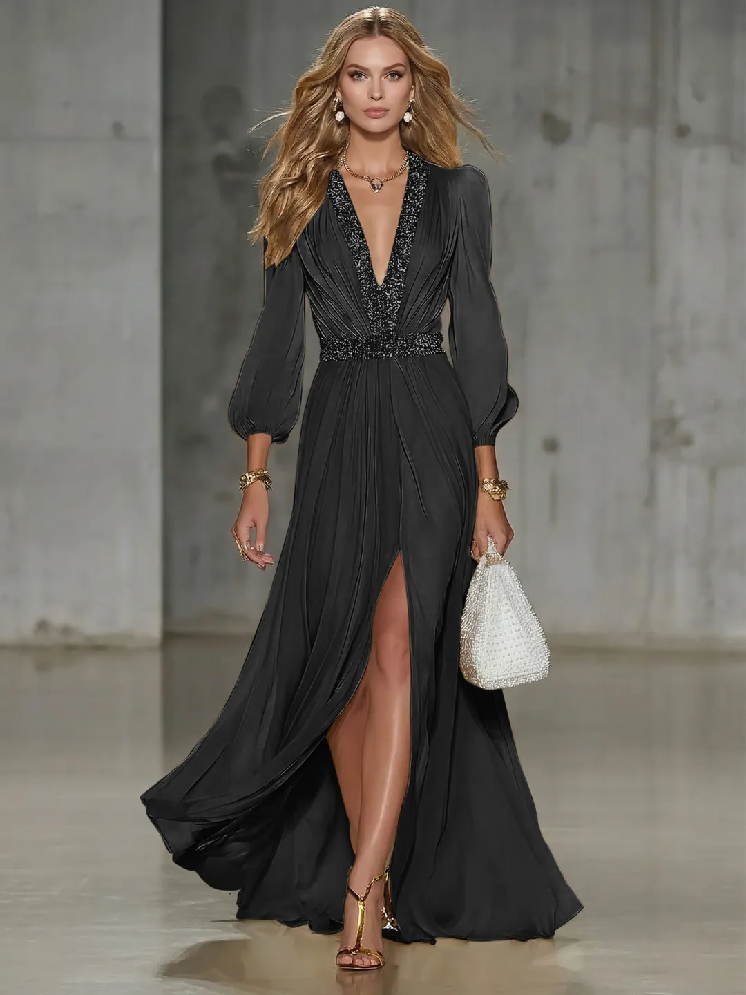 Elegant Beige Chiffon V-neck With Sequins Embellishments And A Side Slit Maxi Dress