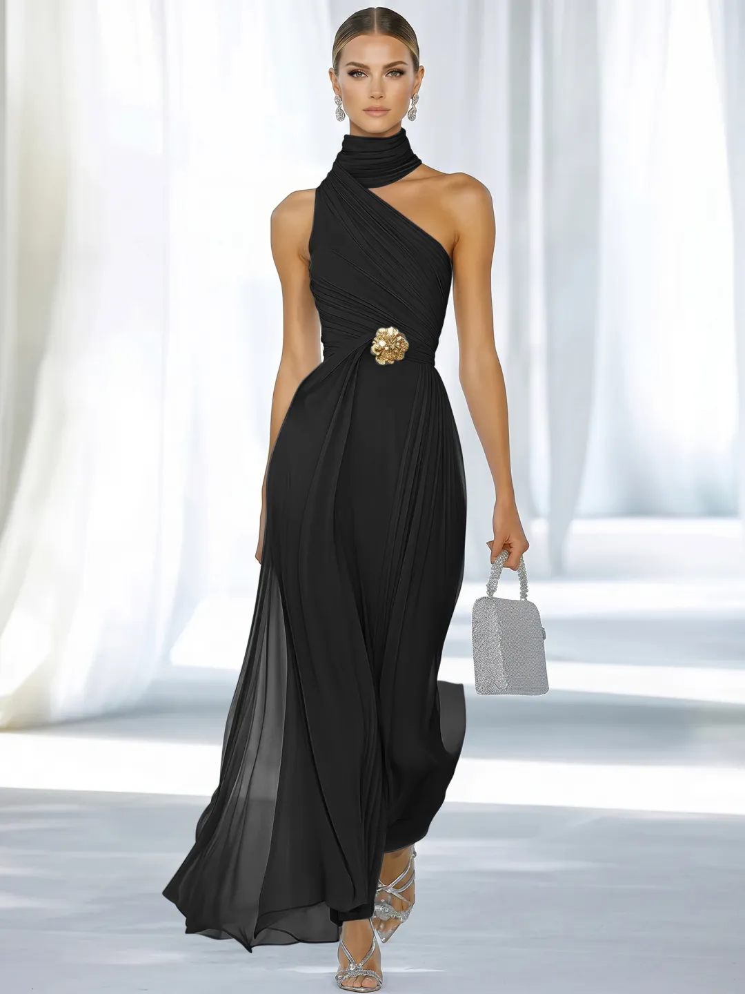 Sky Blue One-Shoulder High-Neck Ruched Chiffon Maxi Dress
