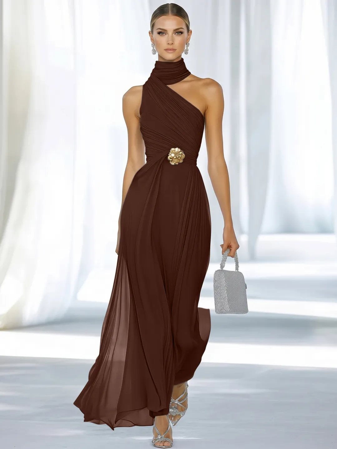 Sky Blue One-Shoulder High-Neck Ruched Chiffon Maxi Dress