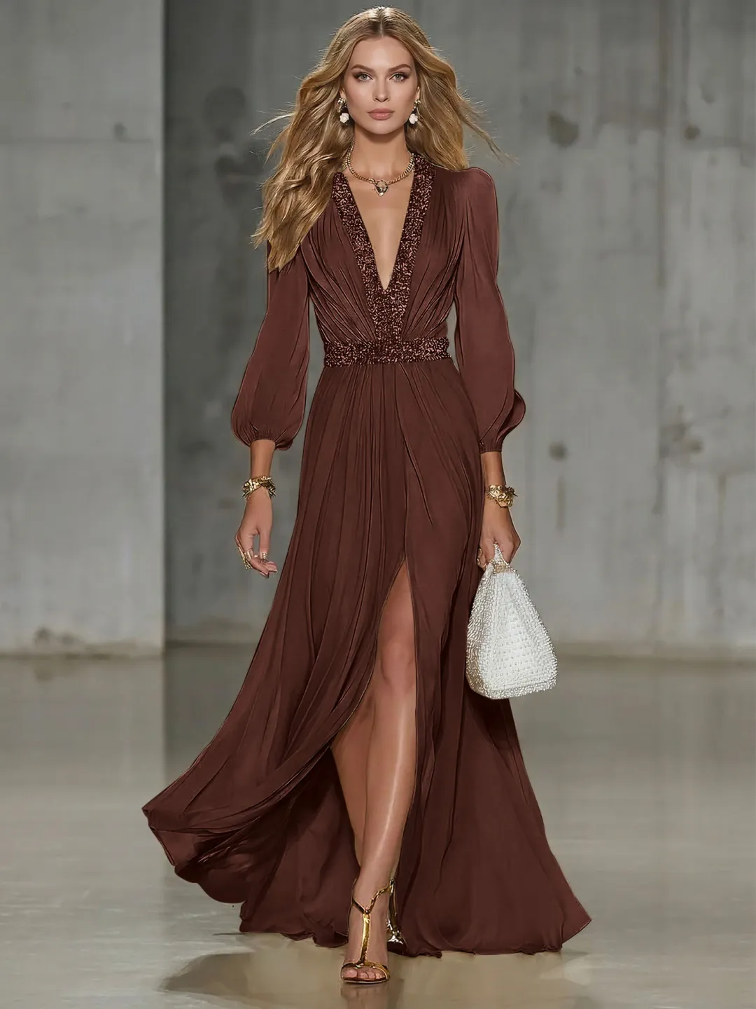 Elegant Beige Chiffon V-neck With Sequins Embellishments And A Side Slit Maxi Dress