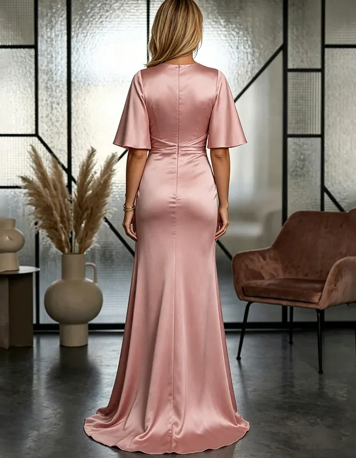 Mauve Pink 3D Flower Twist Waist Satin Maxi Dress