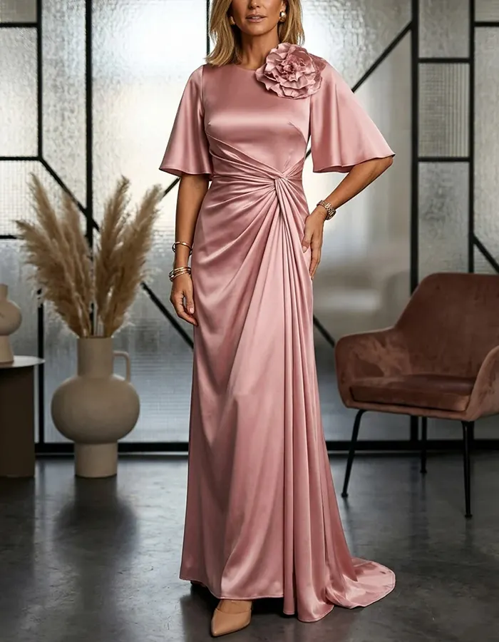 Mauve Pink 3D Flower Twist Waist Satin Maxi Dress