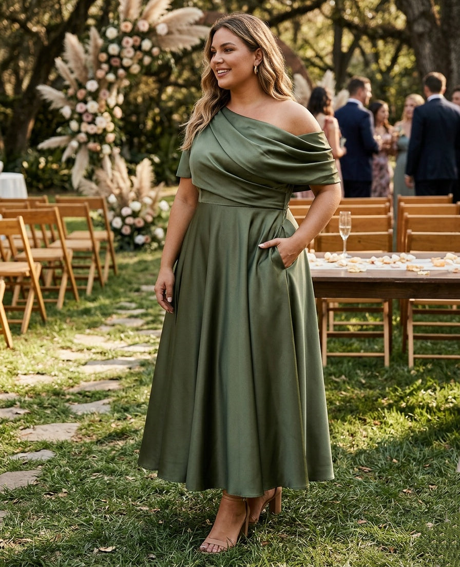 A-Line/Princess One-shoulder Half Sleeve Ankle-Length Mother of the Bride Dresses with Ruffles