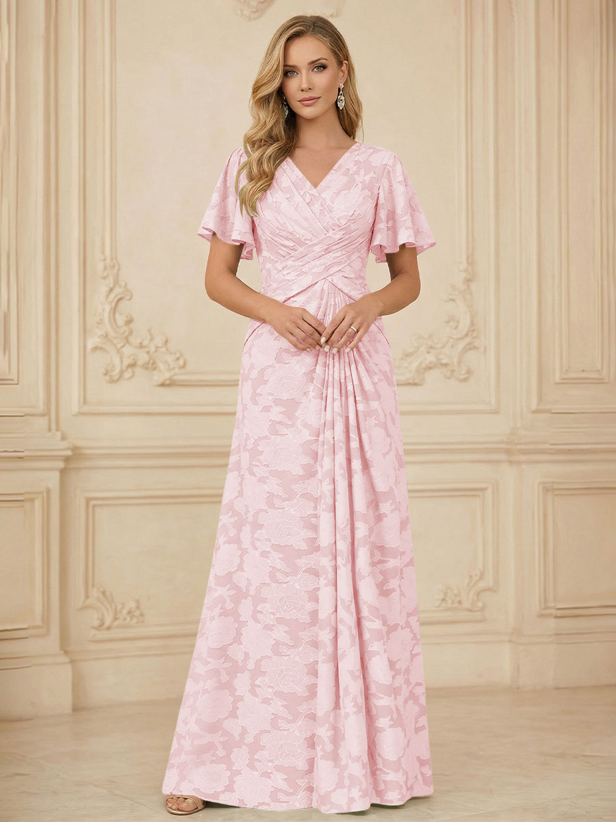 A Line V Neck Short Sleeve Floral Chiffon Ruched Mother of the Bride Dresses