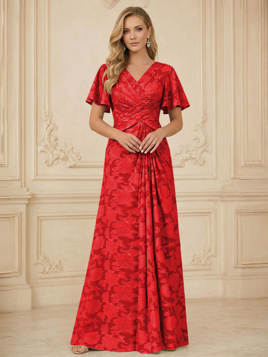 A Line V Neck Short Sleeve Floral Chiffon Ruched Mother of the Bride Dresses