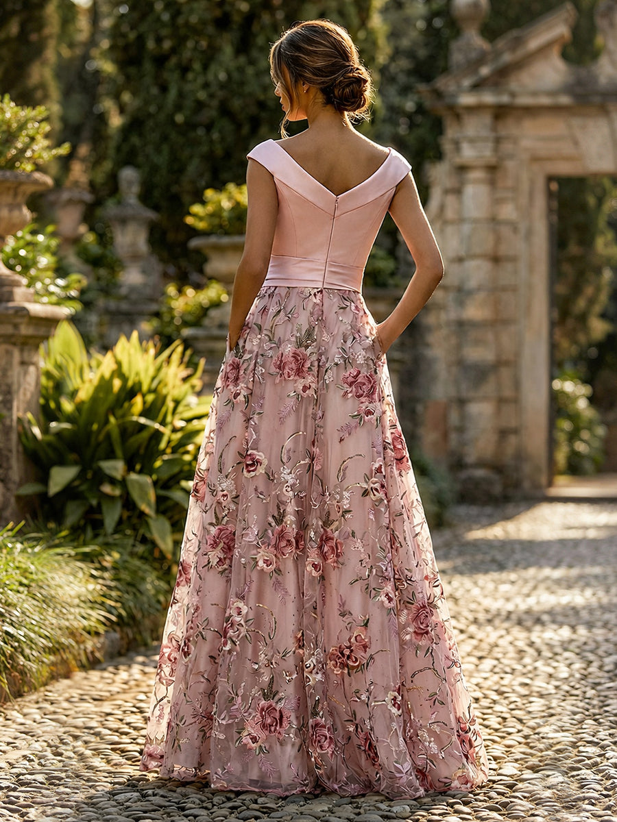 A-Line Floral Jacquard Floor-Length Mother of the Bride & Groom Dresses with Ruched Satin Bodice