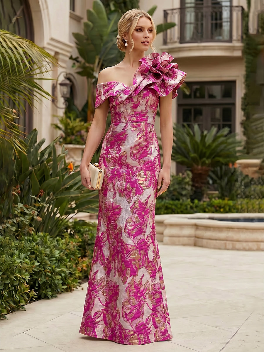 Sheath Floral Jacquard Off Shoulder Mother of the Bride & Groom Dresses with Flower