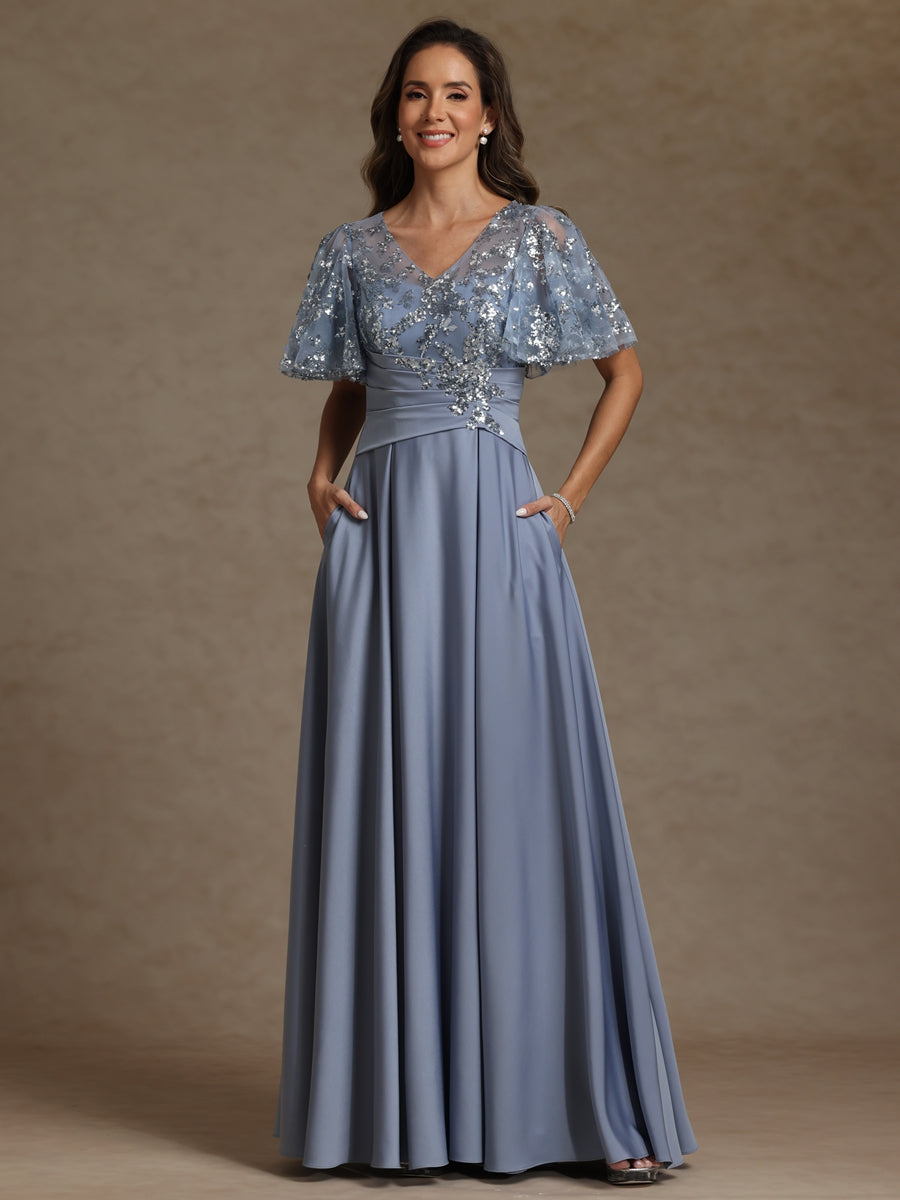 A-Line/Princess V-Neck Illusion Pleated Satin Floor-Length Mother of the Bride Dresses with Sequins