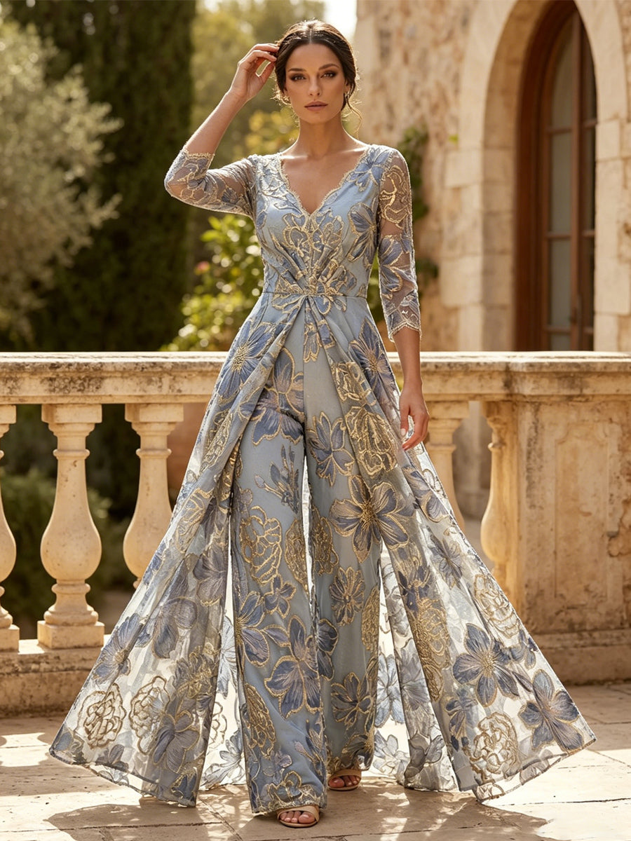 Floral Jacquard 3/4 Sleeves V-Neck Mother of the Bride & Groom Jumpsuit with Ruched Waist
