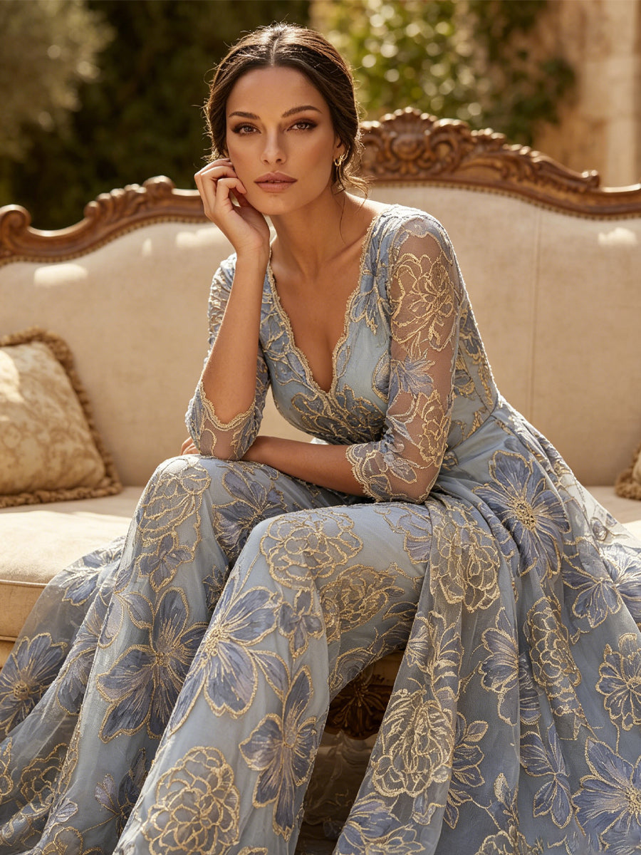 Floral Jacquard 3/4 Sleeves V-Neck Mother of the Bride & Groom Jumpsuit with Ruched Waist