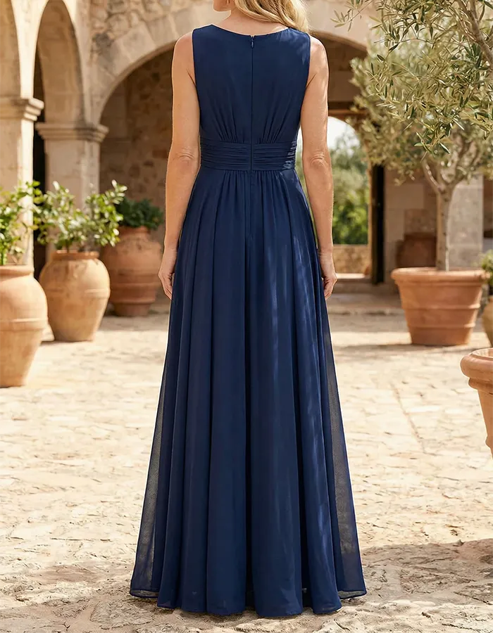 Navy Blue Sleeveless Chiffon Maxi Dress