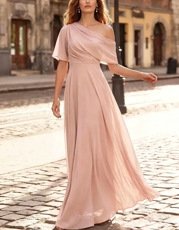 Pink Asymmetrical One Shoulder Ruched Chiffon Maxi Dress